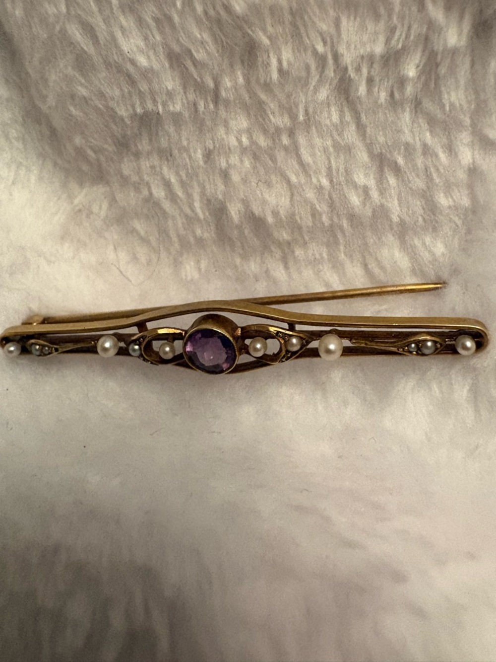 Gold Bar Pin with Amethyst Center and Pearls - Elegant Women’s Accessory